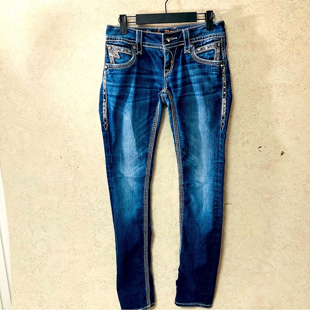 ROCK REVIVIAL WOMENS 26 X 32 DENIM BLING STEPHANIE‎ STRAIGHT RHINESTONES JEANS